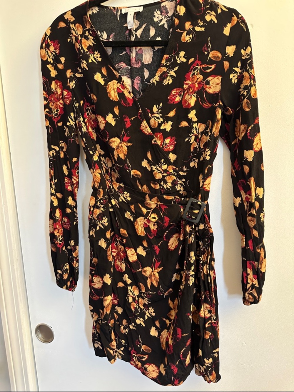 Leith Black Long-Sleeve Floral Wrap Dress with Red & Gold Print